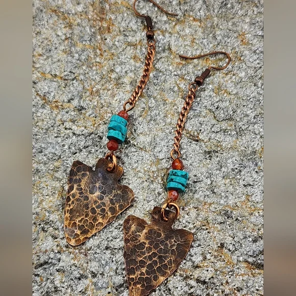 TURQUOISE & CARNELIAN HANDMADE EARRINGS BOHEMIAN CHIC STYLE 2.5" - Picture 4 of 6